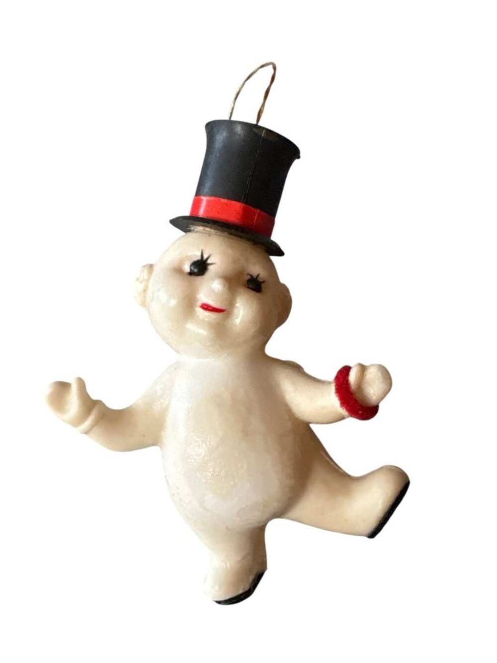 Japanese Snowman Ornament 4" Black Top Hat & Red Earmuff Details Vintage